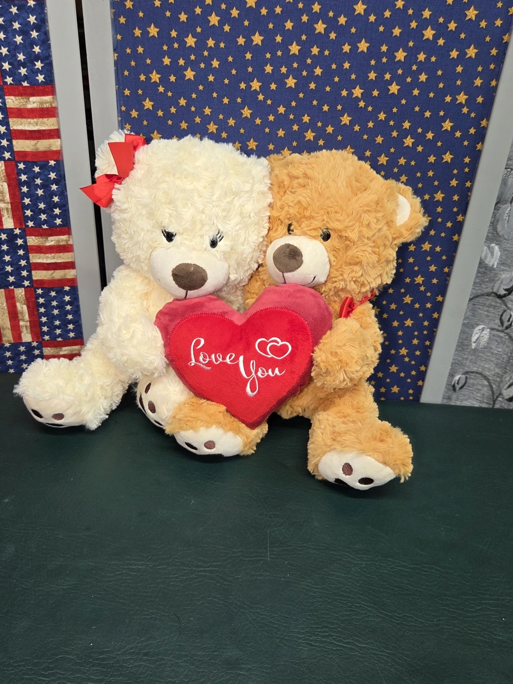 **Fiesta Plush Teddy Bear Duo with Red Heart - Cream & Tan**